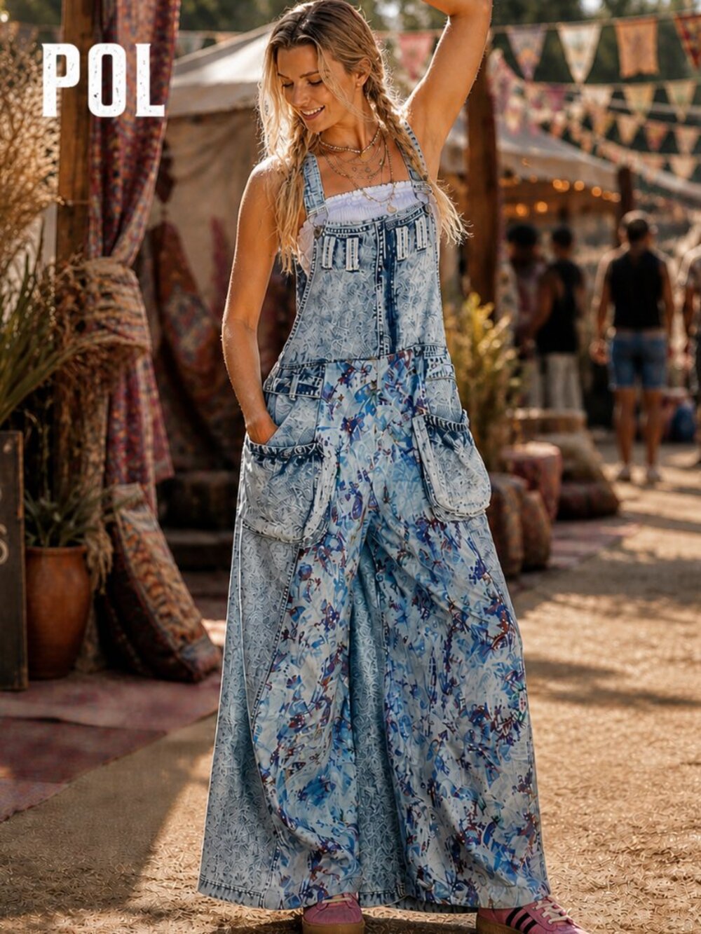 POL Acid Floral Accent Denim Boho  Baggy Flare Leg Suspenders Strap Jean Overall